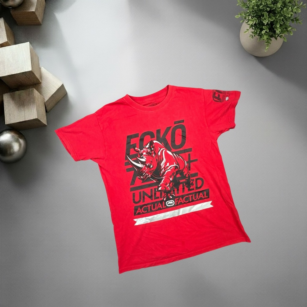 Ecko Unltd Graphic T-Shirt Mens Small Red Y2K Rhino Streetwear Boxy Fit Tee